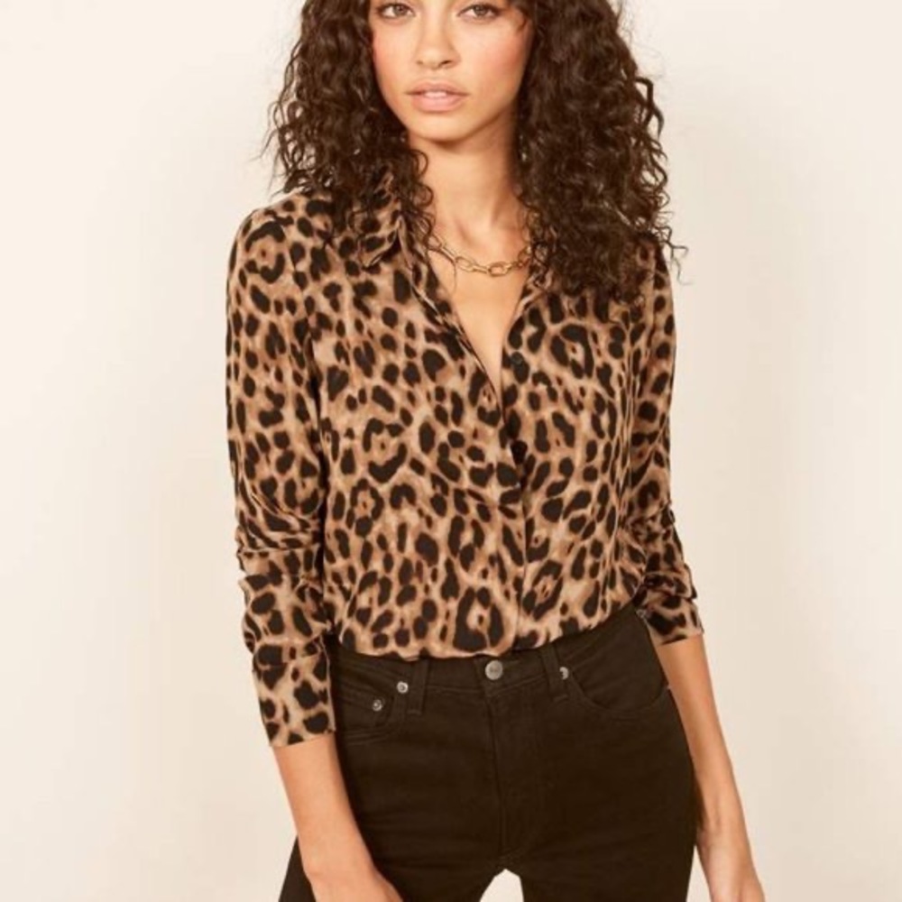 Reformation Leopard Print Button-Down Long Sleeve Blouse